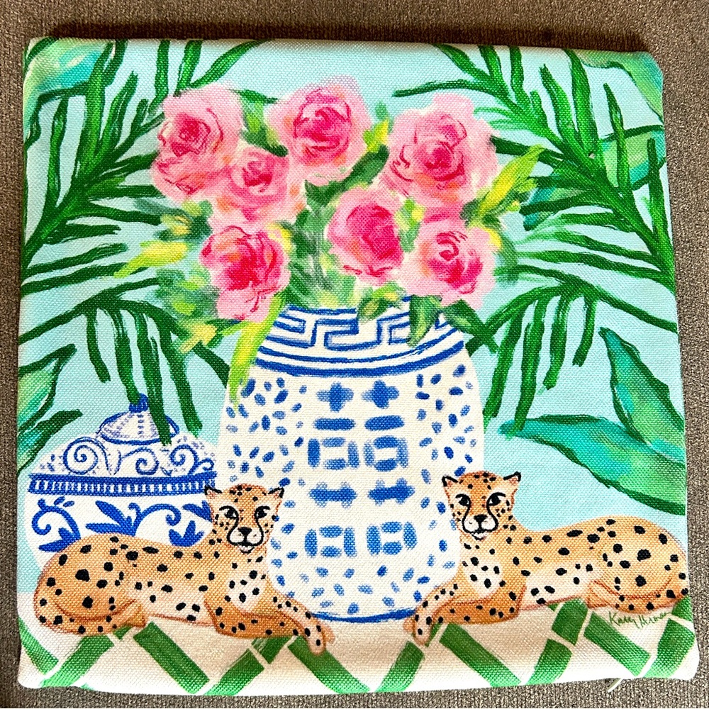 Katie Herman Pillow Cover Tropical Chinoiserie Cheetahs Teal 16” *No Insert